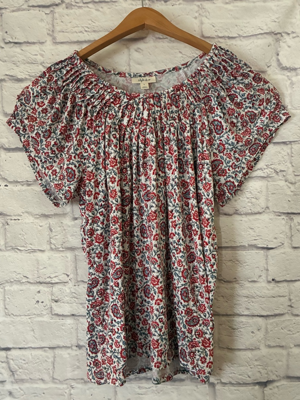 Style & Co. Red Floral Cottagecore Peasant Top - Women's Large